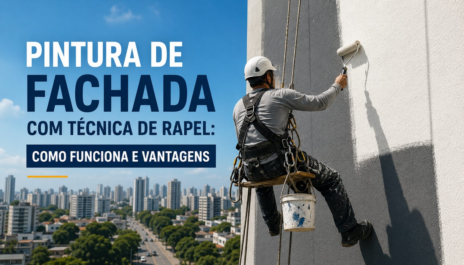 Equipe realizando pintura de fachada com técnica de acesso por corda (rapel)